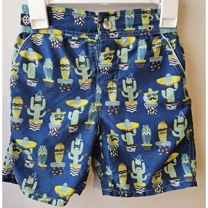 Andy & Evan Boys 4T Swim Trunks Blue Cactus Print Elastic Waist NO Drawstring